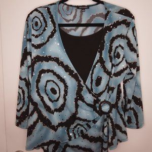 Notations Teal Black Silver Sequin Side Buckle Wrap 3/4 Sleeve Blouse - Size L